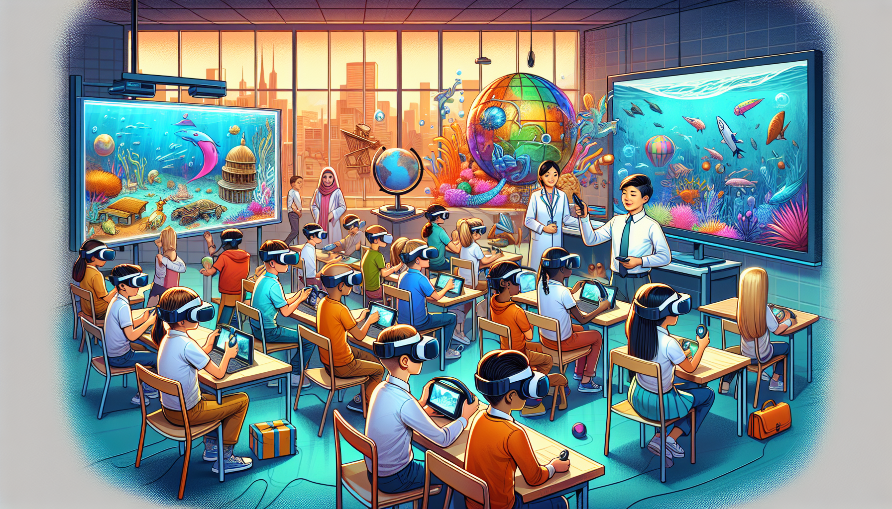 Illustration d'une salle de classe moderne utilisant la technologie VR avec des étudiants portant des casques Oculus Quest 2, explorant des environnements immersifs comme des scènes sous-marines et des civilisations historiques, tout en étant encadrés par un enseignant sur un écran interactif.