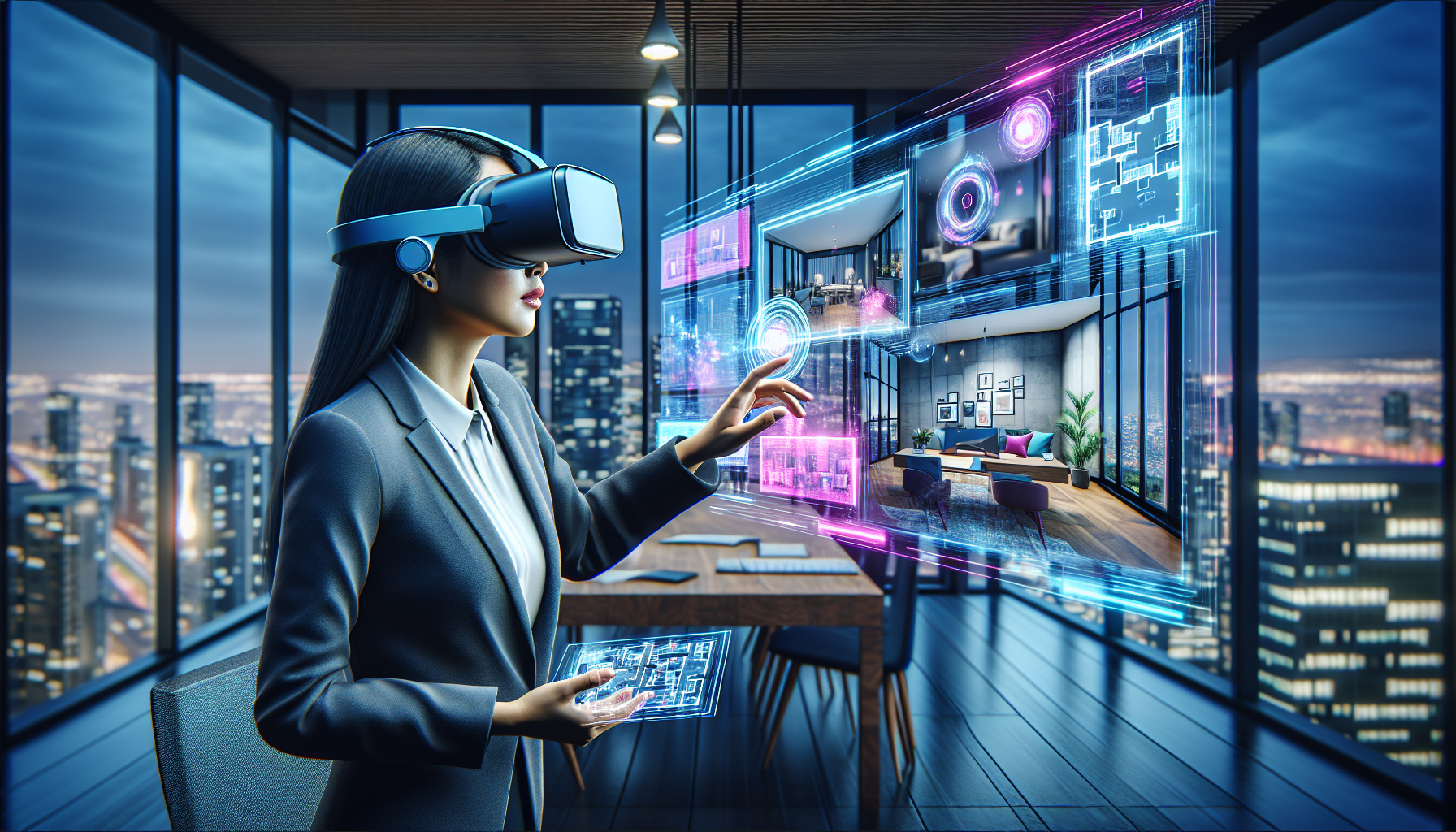 Un agent immobilier moderne utilisant une technologie VR pour présenter une visite virtuelle d'une propriété, entouré de hologrammes et d'une ambiance futuriste dans un bureau contemporain avec vue sur la ville.