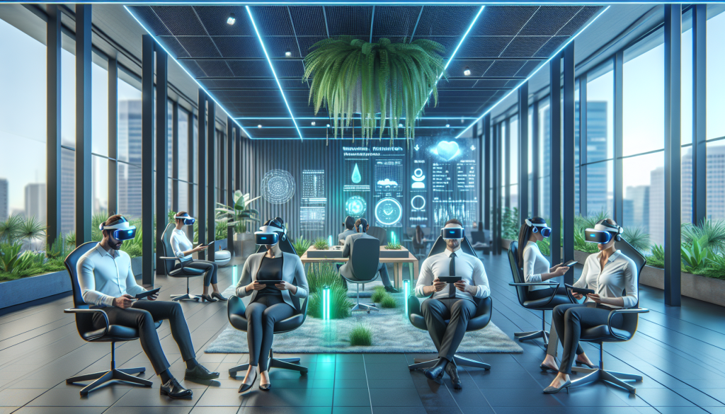 Scène 3D hyper-réaliste d'un bureau moderne où des employés diversifiés participent à un programme de bien-être en réalité virtuelle avec des casques VR comme l'Oculus Quest 2 et HTC Vive. L'ambiance invite à la détente grâce à des plantes vertes, du mobilier ergonomique et un éclairage néon apaisant en bleu et vert, mettant en avant l'intégration de la technologie dans le bien-être au travail.