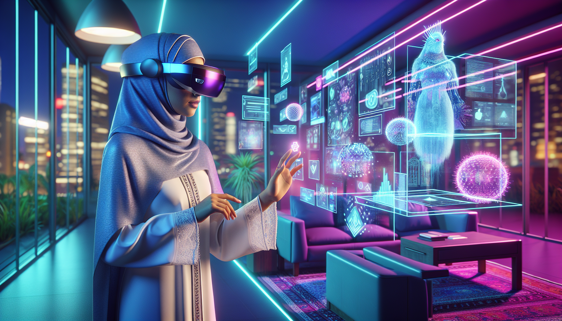 Illustration hyper-réaliste d'une personne utilisant des lunettes de réalité augmentée dans un environnement urbain vibrant, entourée d'hologrammes de données, incluant un Pokémon virtuel et un modèle de mobilier numérique IKEA, créant une ambiance futuriste.