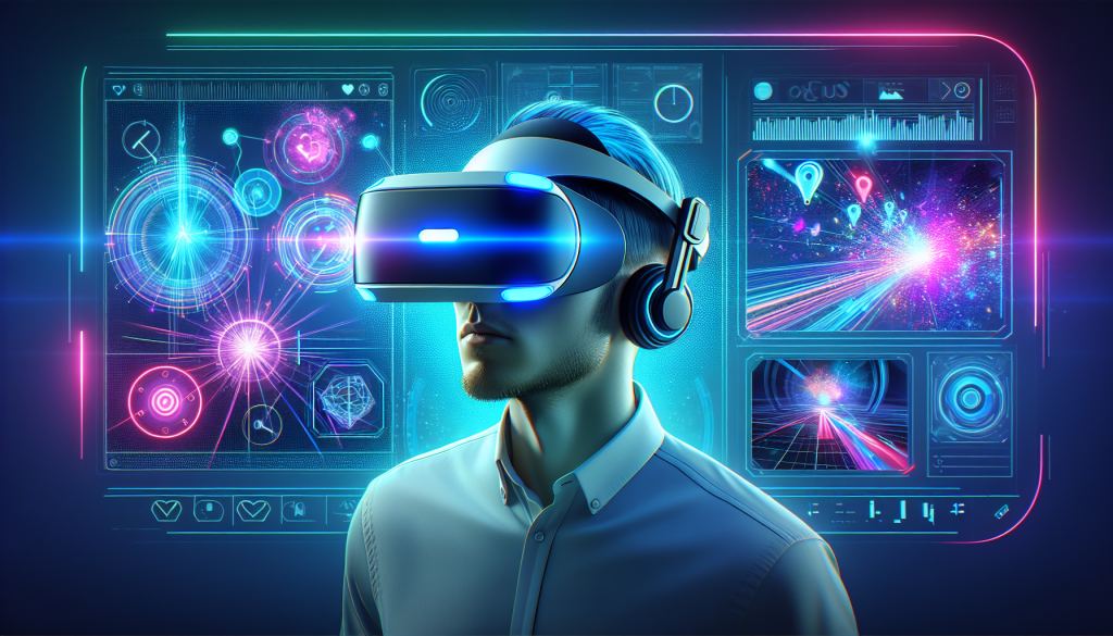 Illustration hyper-réaliste d'un utilisateur plongé dans une expérience de réalité virtuelle avec le casque Meta Quest 3, interagissant avec une interface holographique dynamique, entouré de lumières néon bleues et cyan, créant une ambiance futuriste.