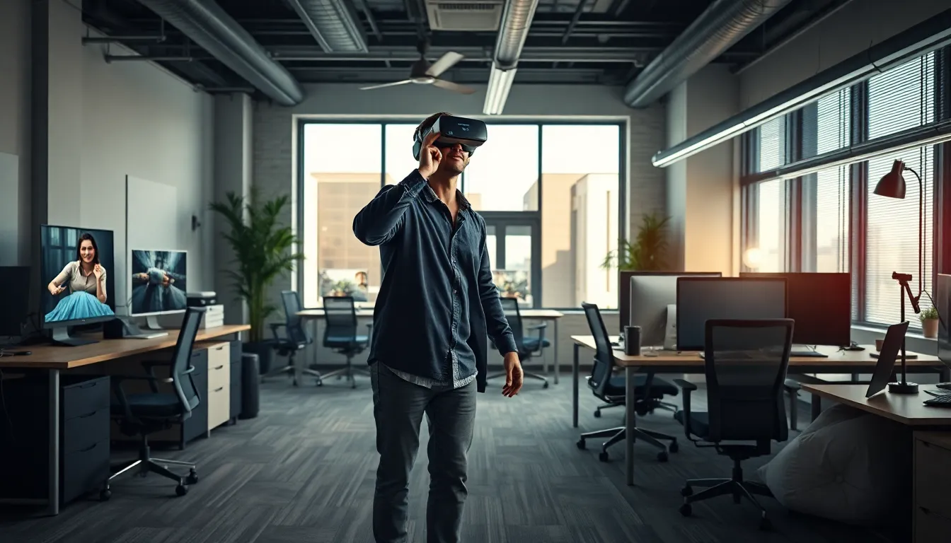 Bureau moderne avec équipement de réalité virtuelle et mobilier ergonomique, illustrant l'intégration de la technologie en ergonomie.