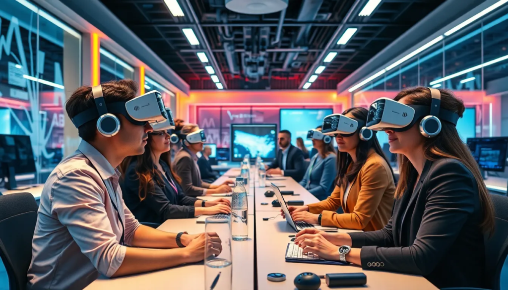 Environnement de bureau virtuel futuriste avec des professionnels collaborant via des casques VR dans une atmosphère immersive.