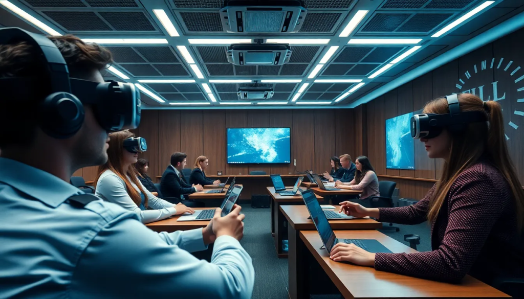 Salle de classe virtuelle avec des étudiants en droit participant à des simulations de procès en utilisant la réalité virtuelle.