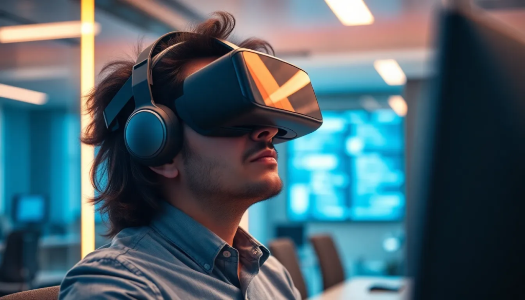 Employé utilisant un casque de réalité virtuelle pour une formation immersive et interactive, illustrant l'apprentissage continu.