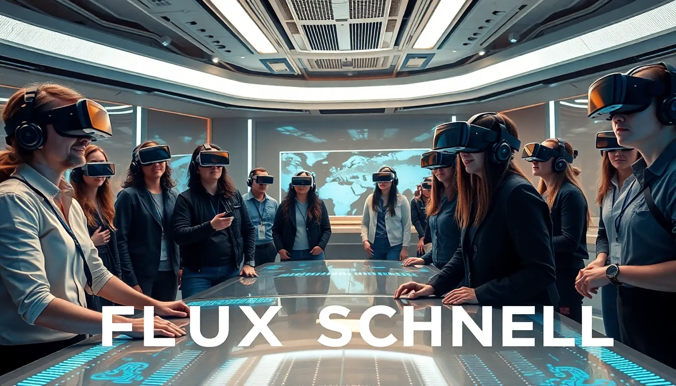 Environnement de formation virtuelle futuriste avec des participants utilisant des casques VR dans un cadre d'apprentissage immersif.