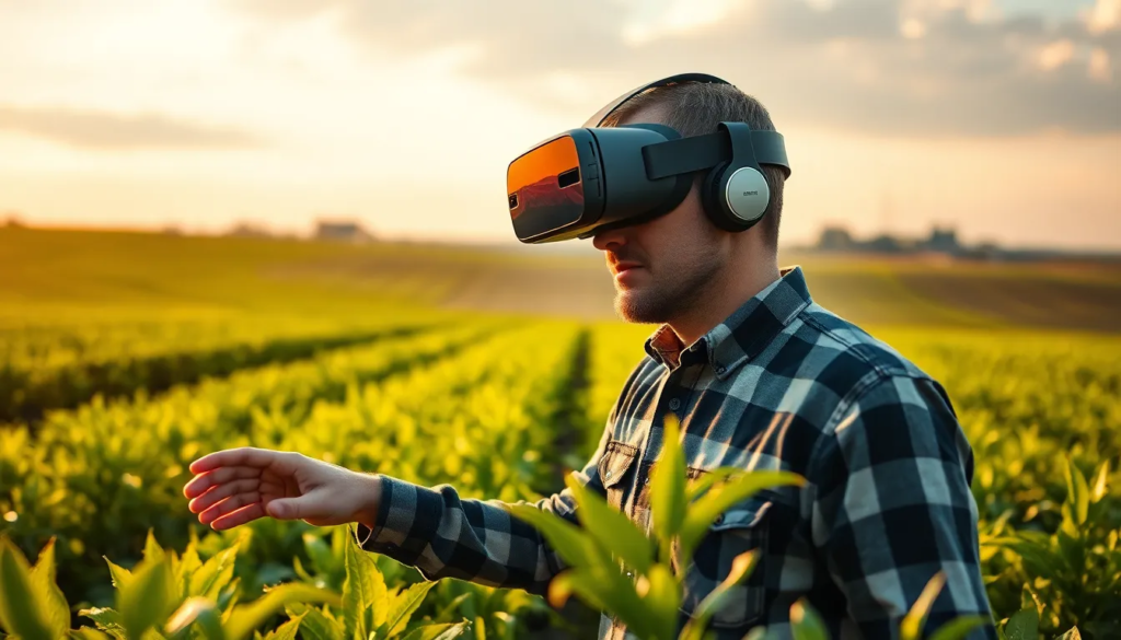 Fermier utilisant un casque VR pour analyser la santé des cultures sur un paysage agricole dynamique.