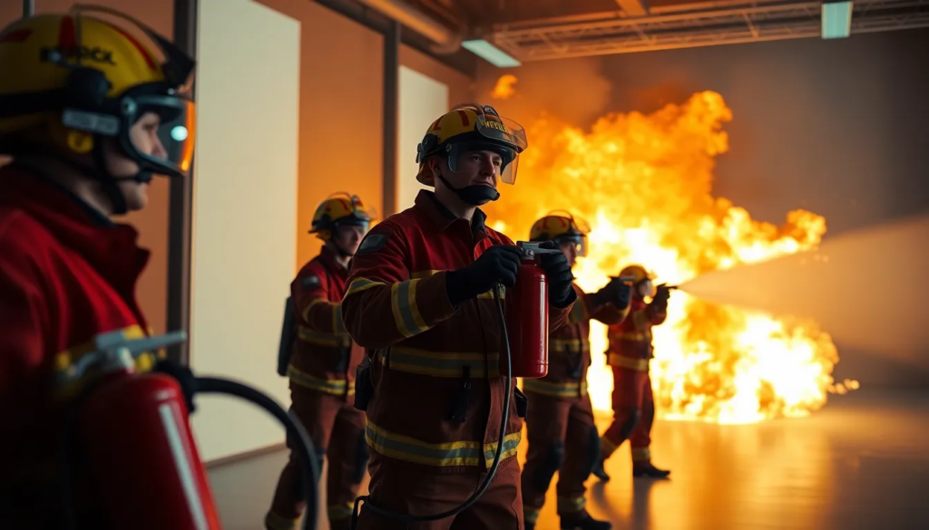 Session de formation en réalité virtuelle pour pompiers avec simulations réalistes d'incendie, mettant en avant l'utilisation d'extincteurs.