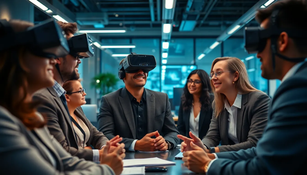 Session de formation en leadership en réalité virtuelle avec des dirigeants divers dans un environnement de bureau réaliste.