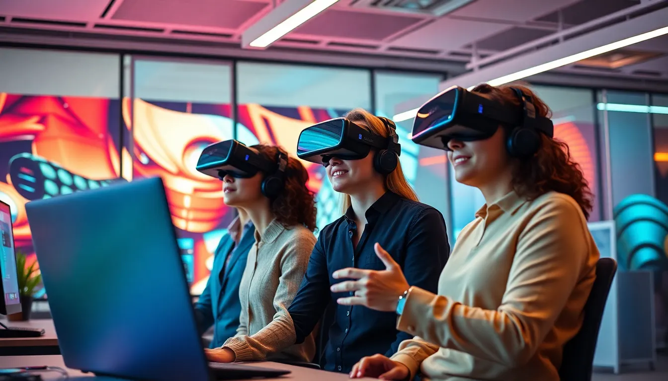 Environnement de bureau moderne avec des employés en formation réalité virtuelle, mettant en avant la collaboration immersive.