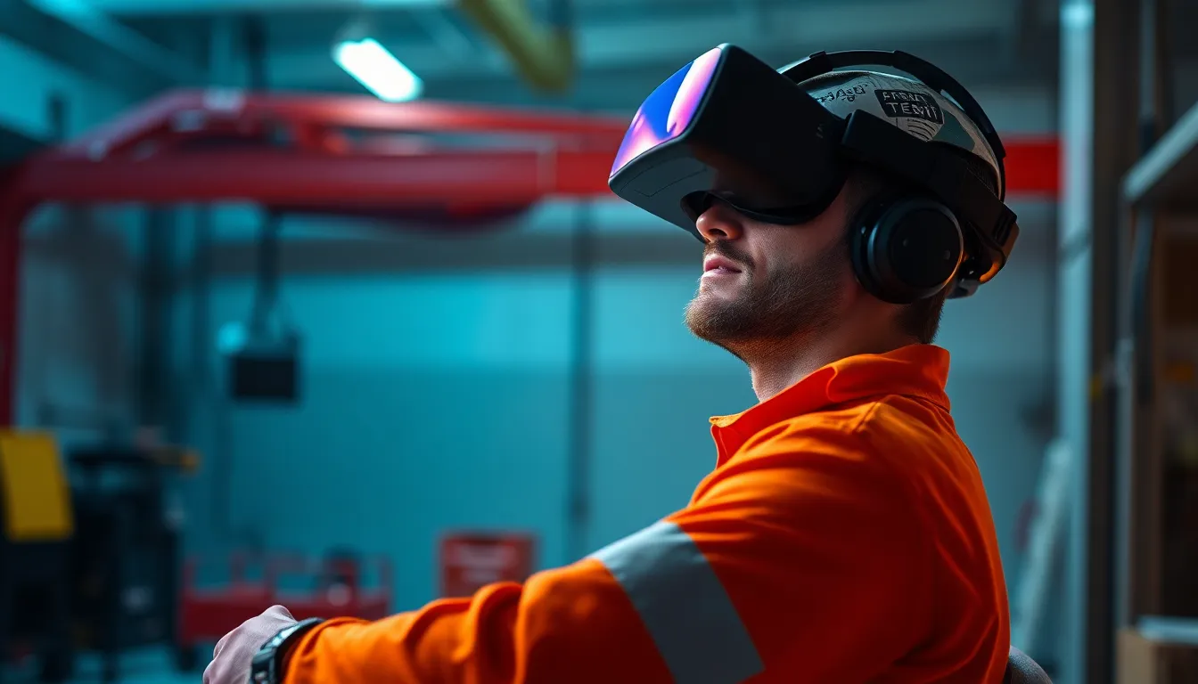 Travailleur utilisant la réalité virtuelle pour la réhabilitation après un accident du travail dans un environnement de formation réaliste.