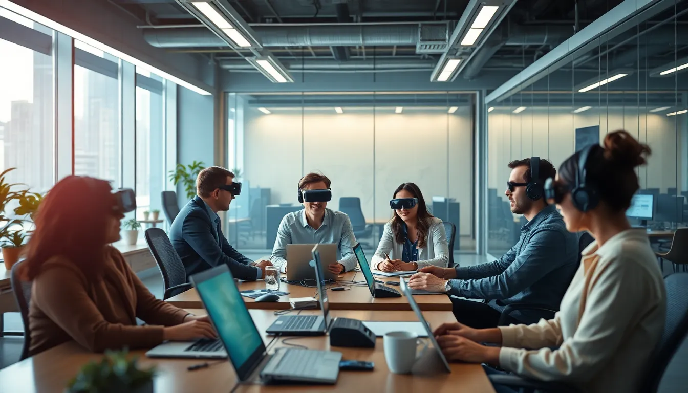 Bureau virtuel moderne montrant des professionnels collaborant en réalité virtuelle, symbolisant le travail à distance et la flexibilité.