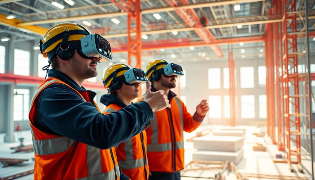 Travailleurs sur un chantier de construction utilisant des casques de réalité virtuelle pour la formation et la planification de conception.