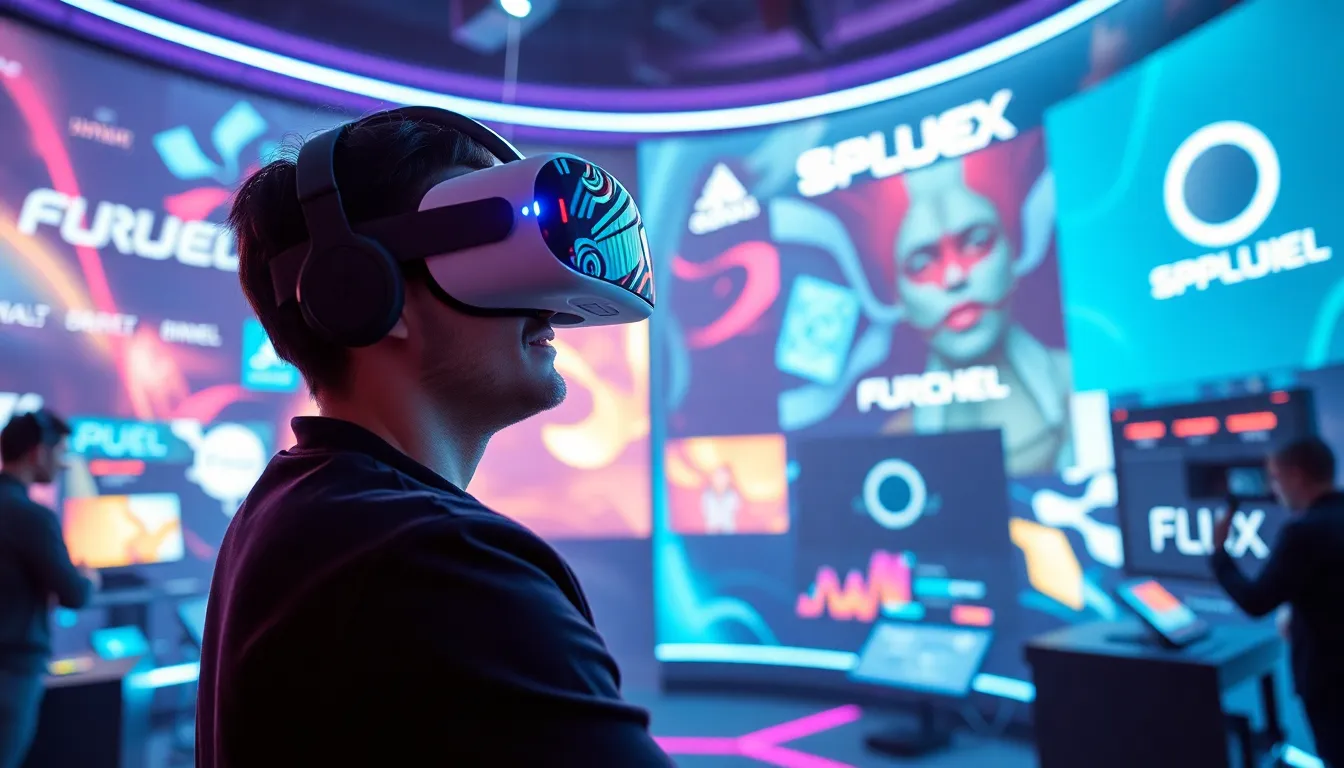 Configuration de réalité virtuelle montrant un utilisateur dans une publicité interactive, mettant en avant des éléments graphiques vifs et des logos de marque.