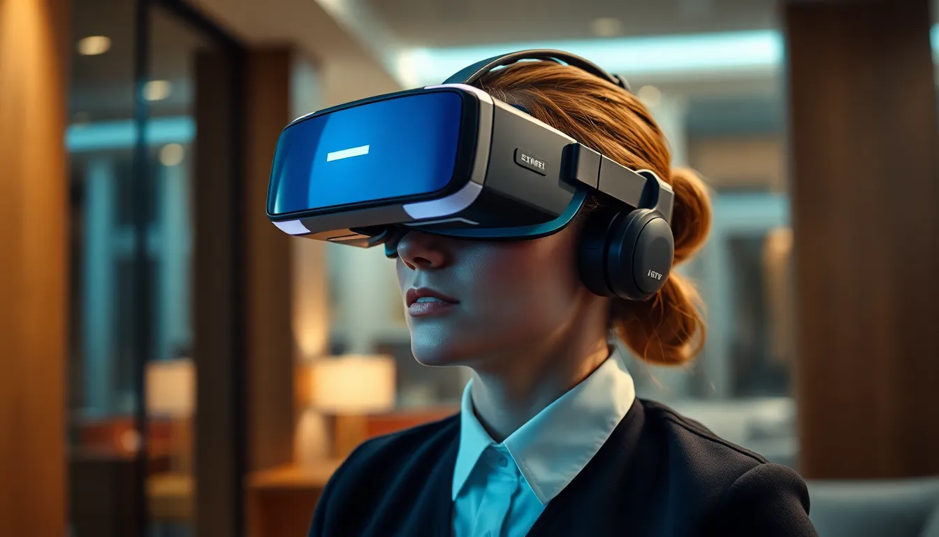 Employé d'hôtel utilisant un casque de réalité virtuelle pour une formation, dans un environnement moderne d'hôtel.