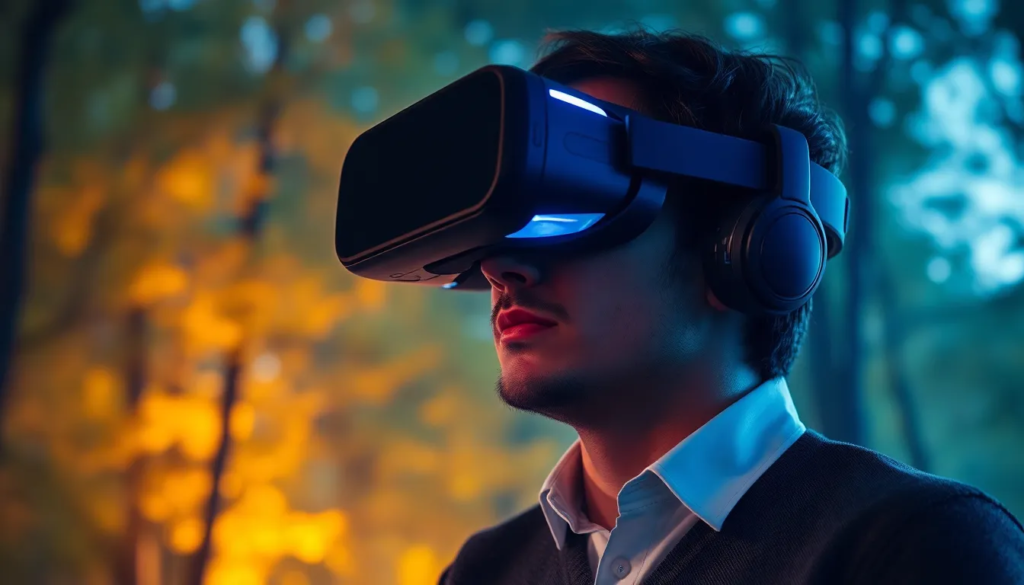 Employé utilisant un casque VR dans une forêt tranquille pour réduire le stress au travail.