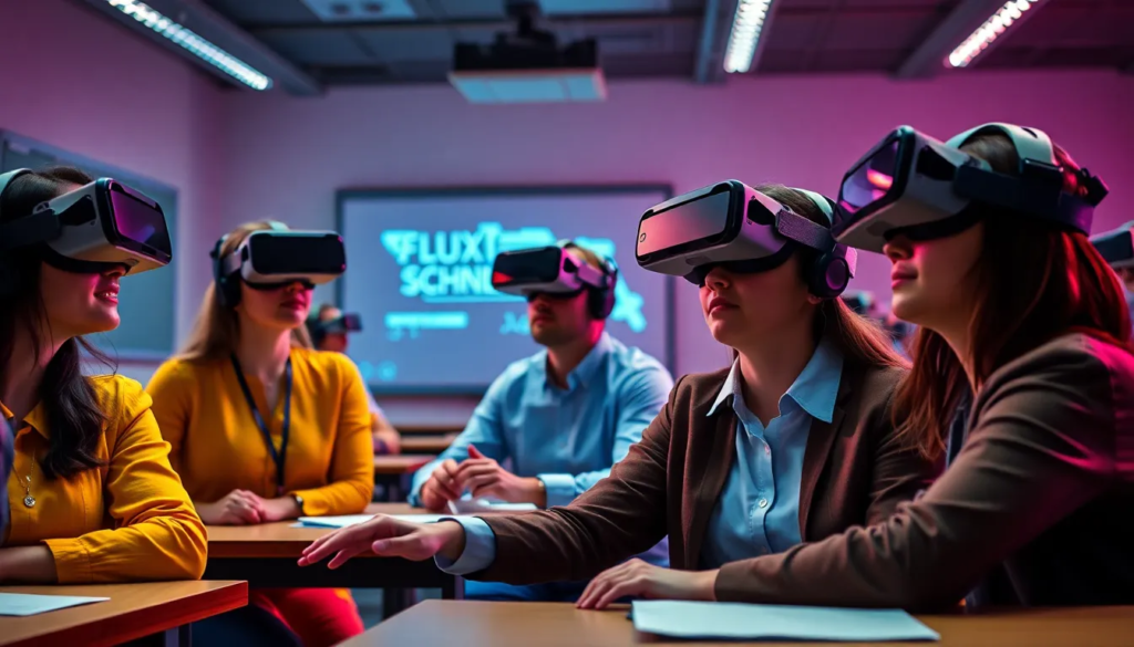 Enseignants utilisant des casques de réalité virtuelle dans une salle de classe moderne, illustrant des formations immersives et innovantes.