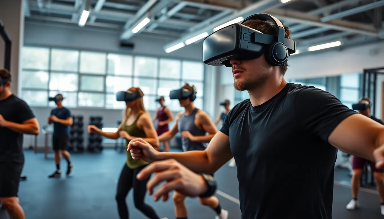 Session d'entraînement sportif en réalité virtuelle avec des athlètes utilisant des casques VR dans un environnement moderne.