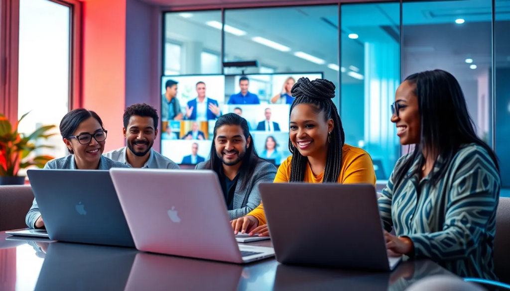 Une équipe multiculturelle travaillant sur des ordinateurs portables lors d'une conférence vidéo, illustrant l'impact de la technologie sur la collaboration interculturelle.