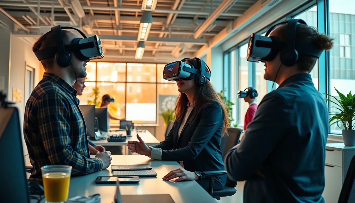 Espace de bureau moderne avec équipements de réalité virtuelle, mettant en avant des employés collaborant de manière créative.