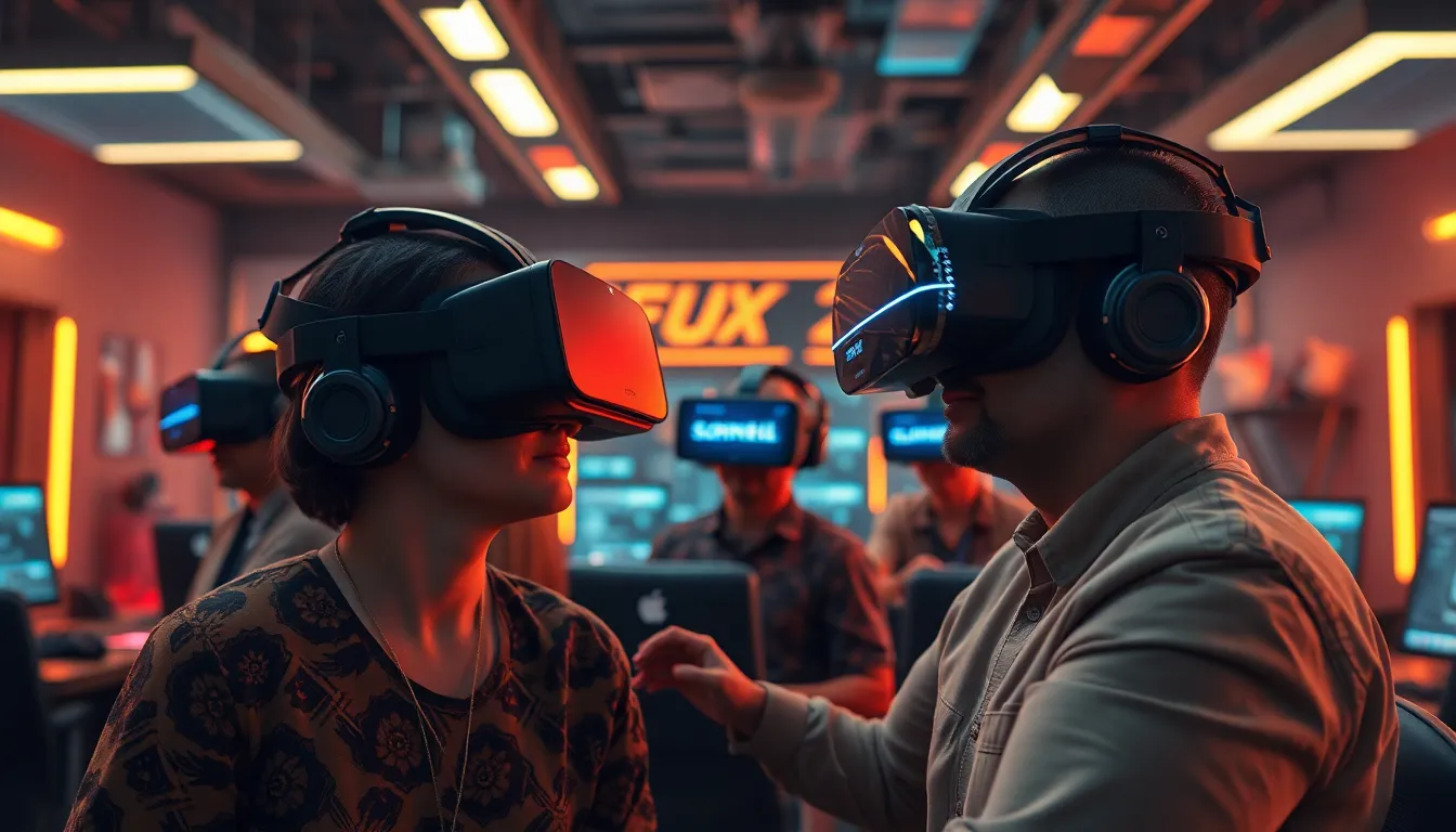 Espace de travail VR moderne avec casques haute résolution et utilisateurs en formation immersive, illustrant les innovations technologiques de la réalité virtuelle.