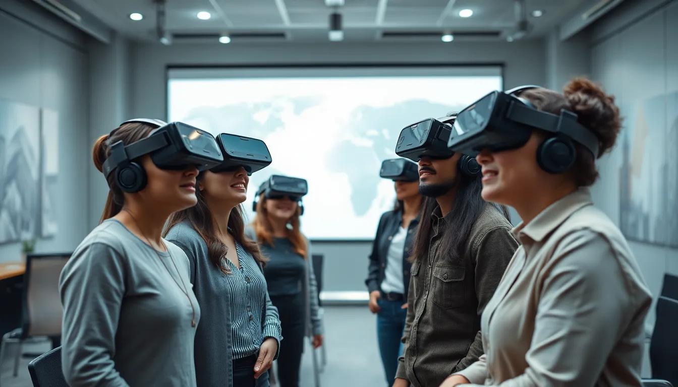 Professionnels divers utilisant des casques VR pour une formation interculturelle moderne et immersive.