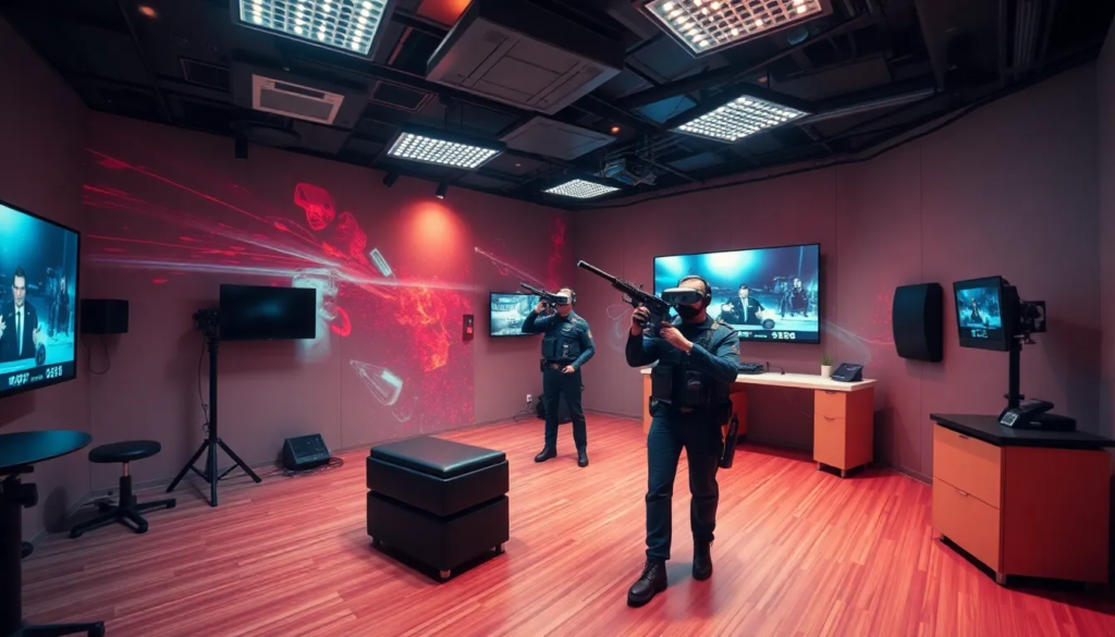 Agents de sécurité en formation immersive en réalité virtuelle, simulant des situations d'urgence avec une technologie avancée.