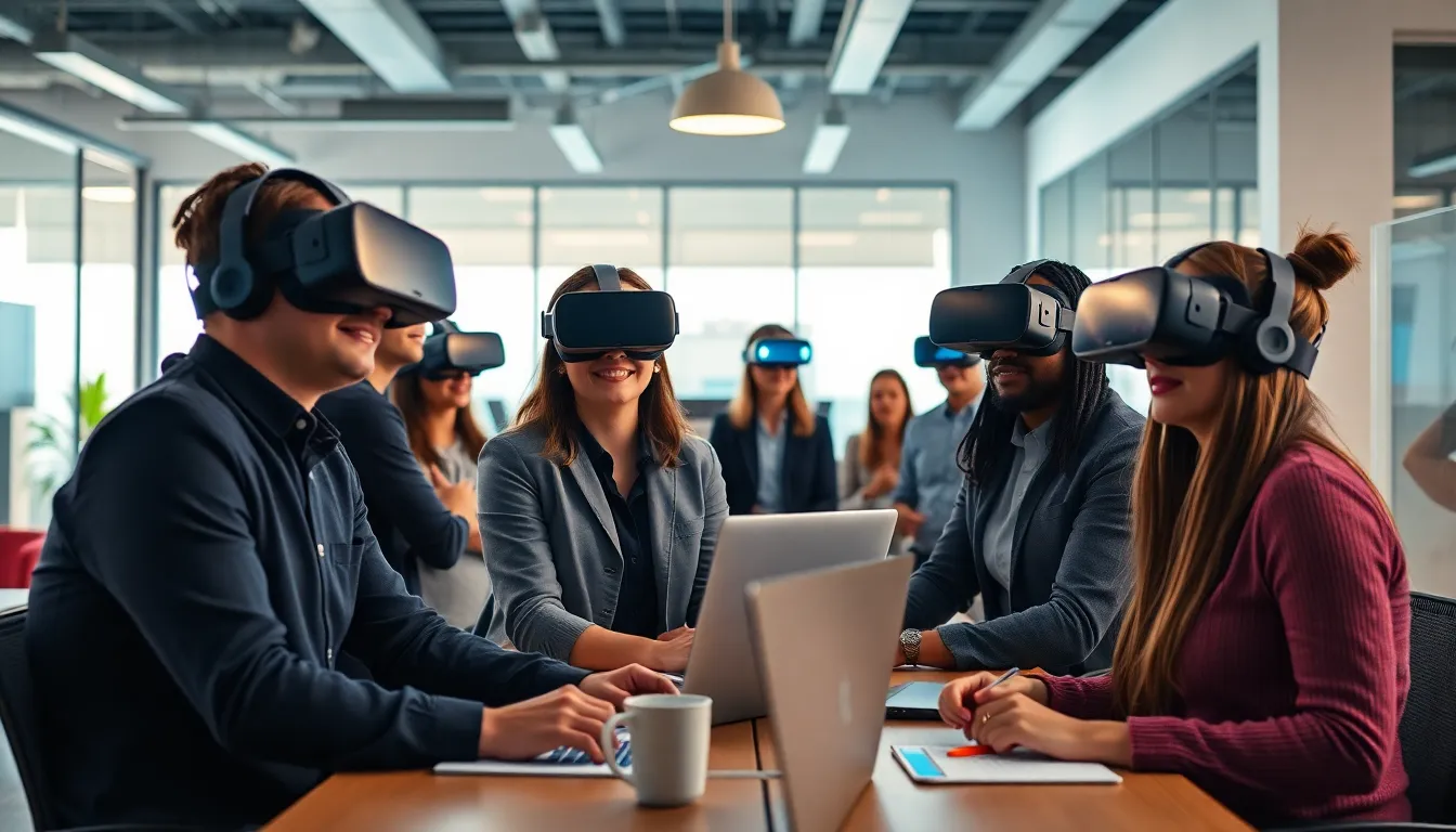 Groupe d'employés utilisant des casques de réalité virtuelle pour la sensibilisation au handicap dans un bureau moderne et inclusif.