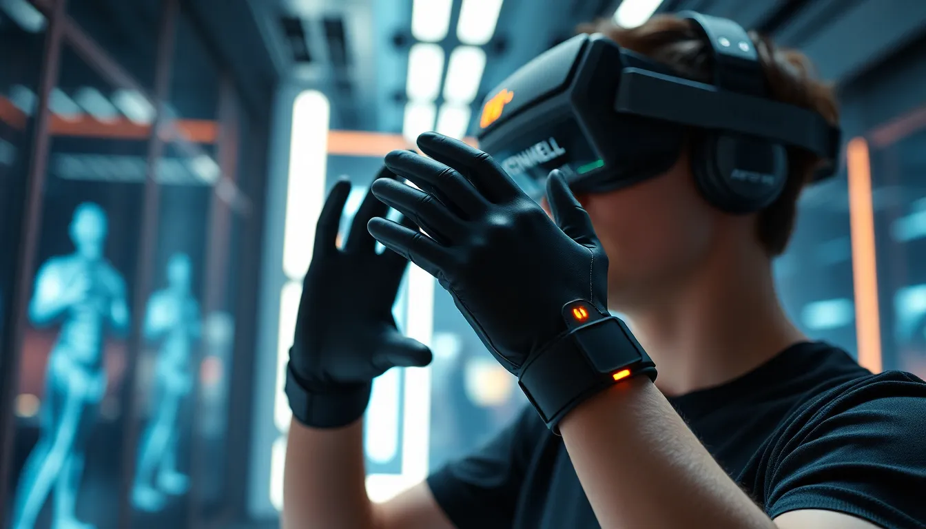 Personne utilisant des gants haptiques dans un environnement virtuel moderne, illustrant la technologie immersive et le retour tactile.