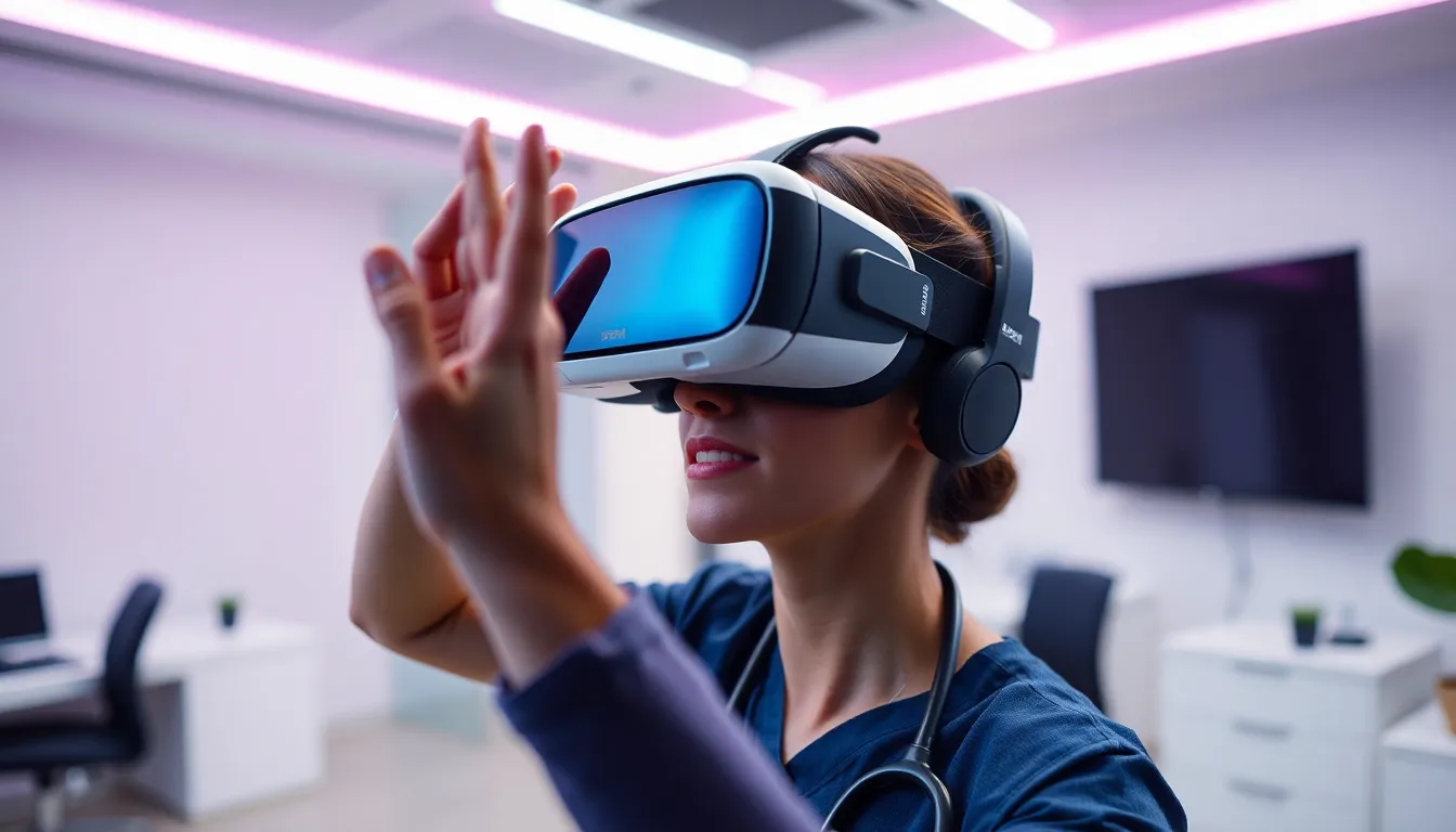 Professionnel de santé utilisant un casque de réalité virtuelle pour simuler une thérapie, illustrant l'importance de la VR dans la formation en santé mentale.