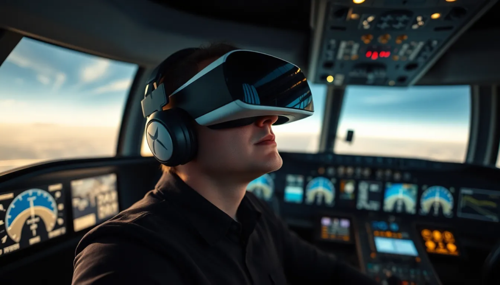 Pilote utilisant un casque VR dans un simulateur de vol moderne, illustrant la formation immersive des pilotes.