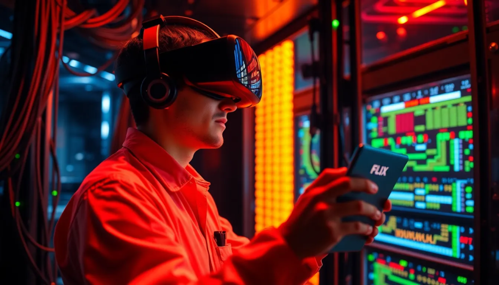 Technicien des télécommunications en formation immersive en réalité virtuelle, interagissant avec des simulations de réseau réalistes.