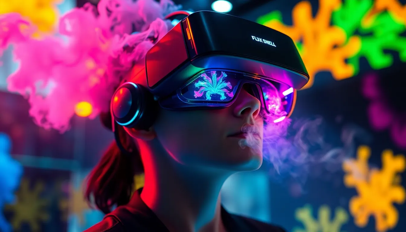 Casque de réalité virtuelle innovant intégrant des odeurs, symbolisant l'expérience immersive et multi-sensorielle.