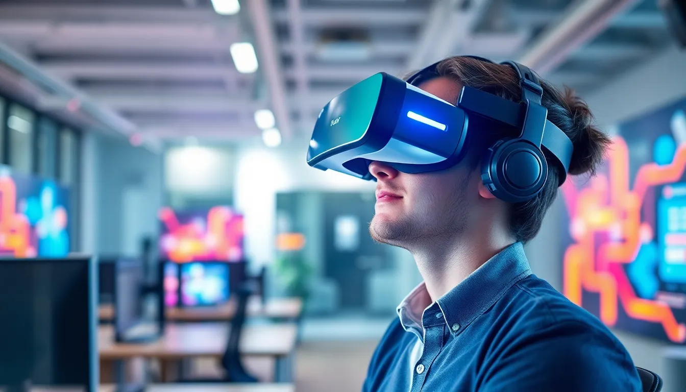 Employé au bureau avec un casque VR, illustrant la réduction du stress et l'amélioration de la productivité par la réalité virtuelle.