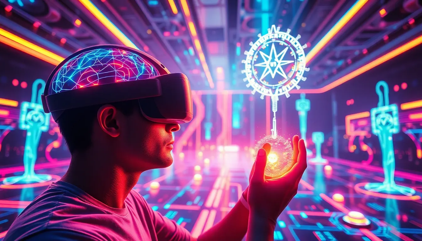 Environnement virtuel futuriste illustrant les interfaces cerveau-ordinateur, avec une personne manipulant des objets virtuels.