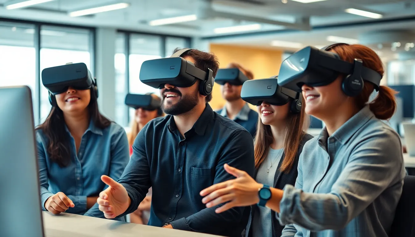 Groupe d'employés divers participant à une formation en réalité virtuelle sur la diversité et l'inclusion dans un bureau moderne.