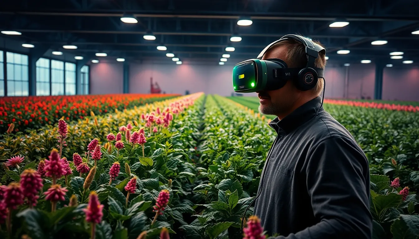 Session de formation VR pour agriculteurs, mettant en avant des techniques agricoles immersives avec des visuels interactifs dans un décor moderne.