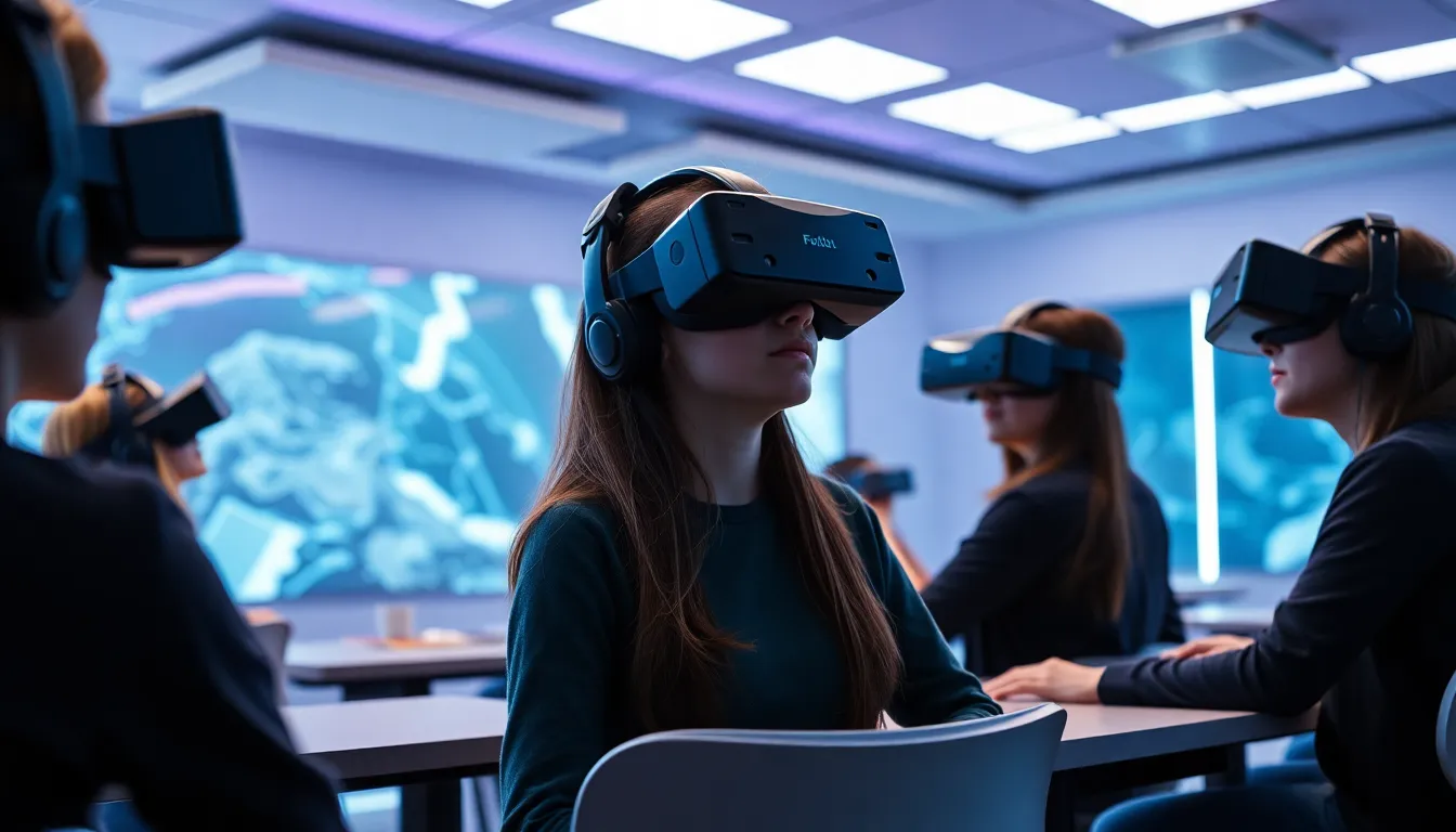 Salle de classe moderne avec des étudiants utilisant des casques VR pour une leçon interactive immersive.