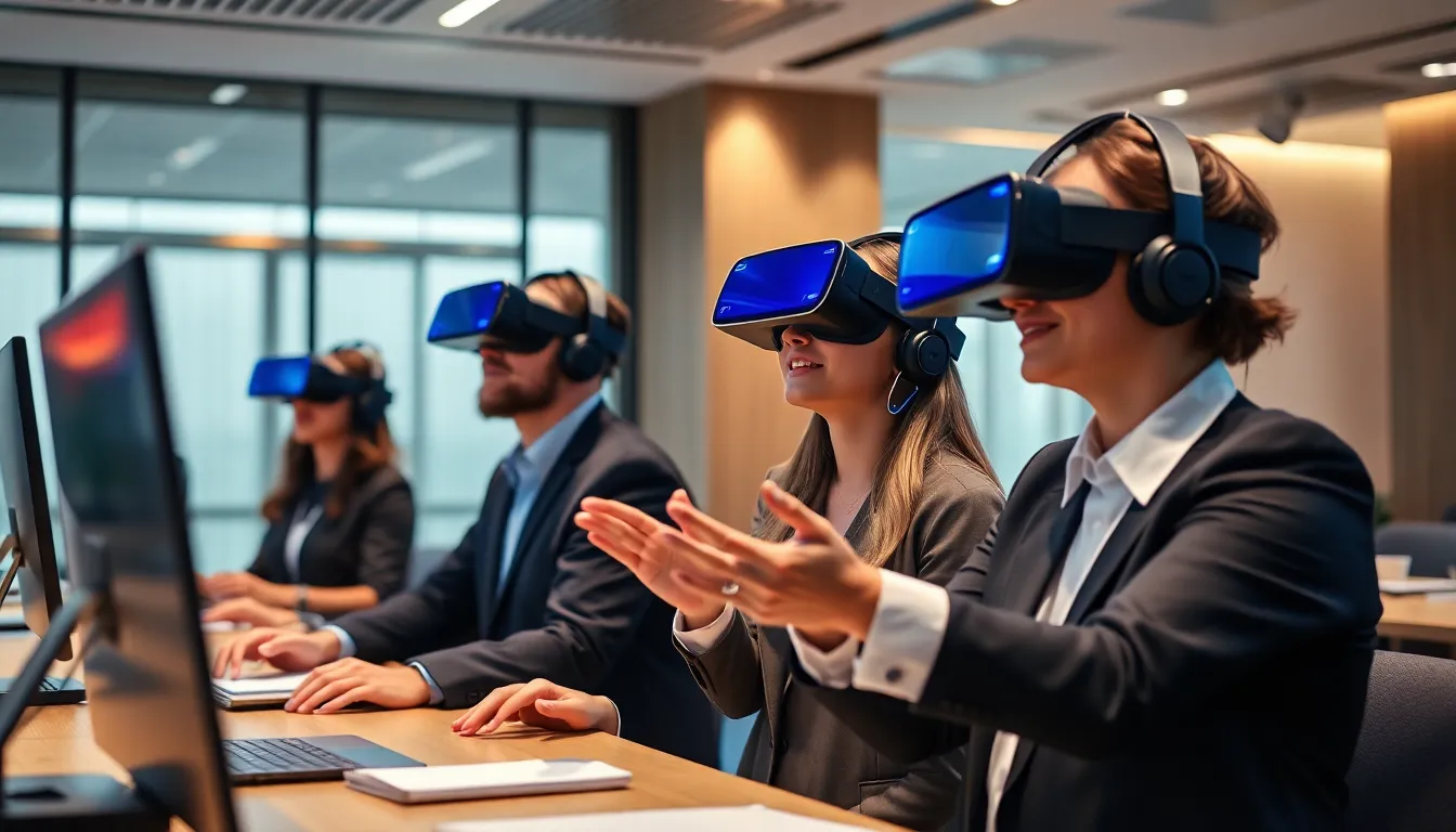 Session de formation en réalité virtuelle pour employés de l'hôtellerie avec des casques VR dans un environnement moderne.