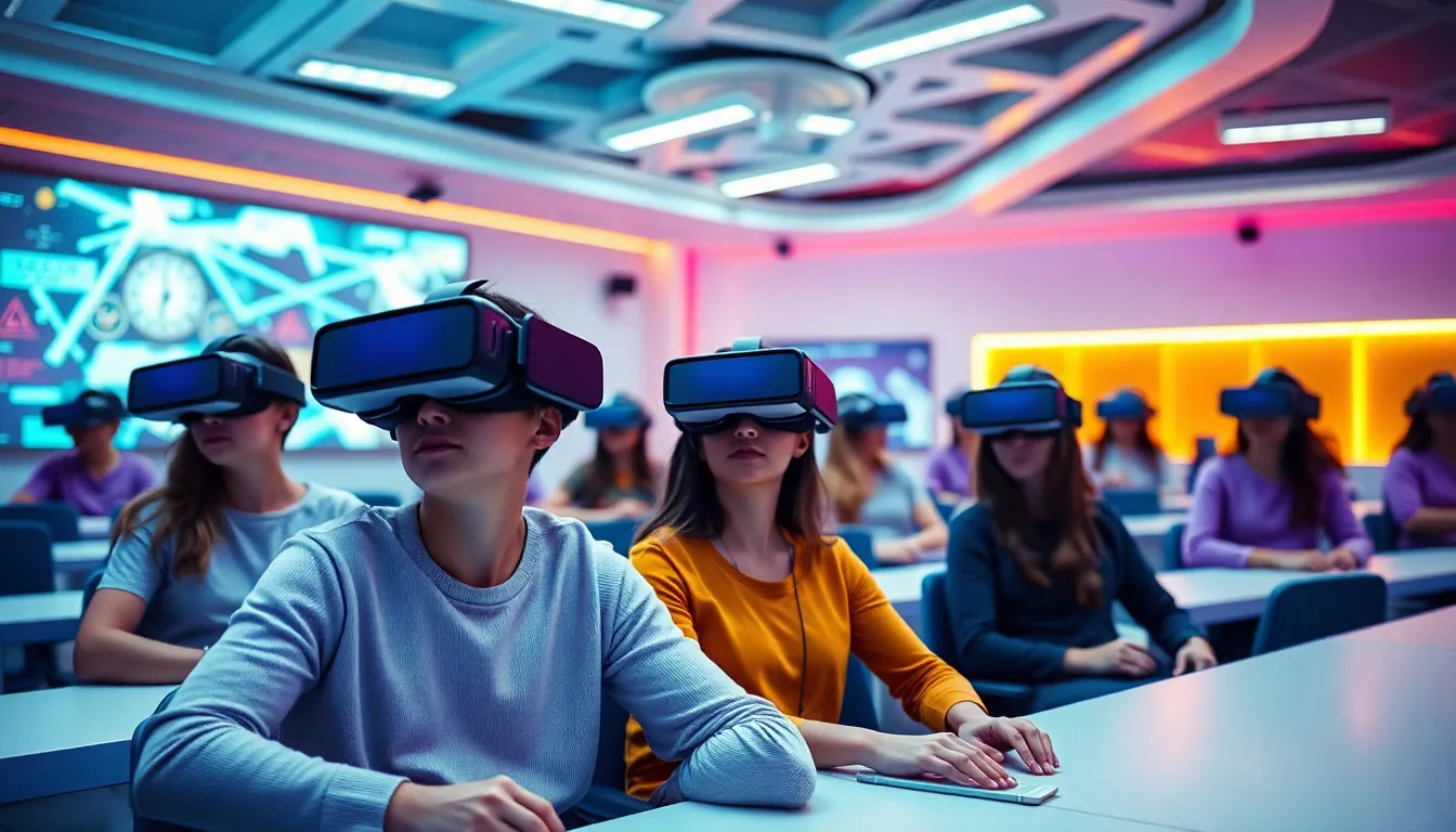 Salle de classe moderne avec apprenants utilisant des casques de réalité virtuelle pour une formation immersive.