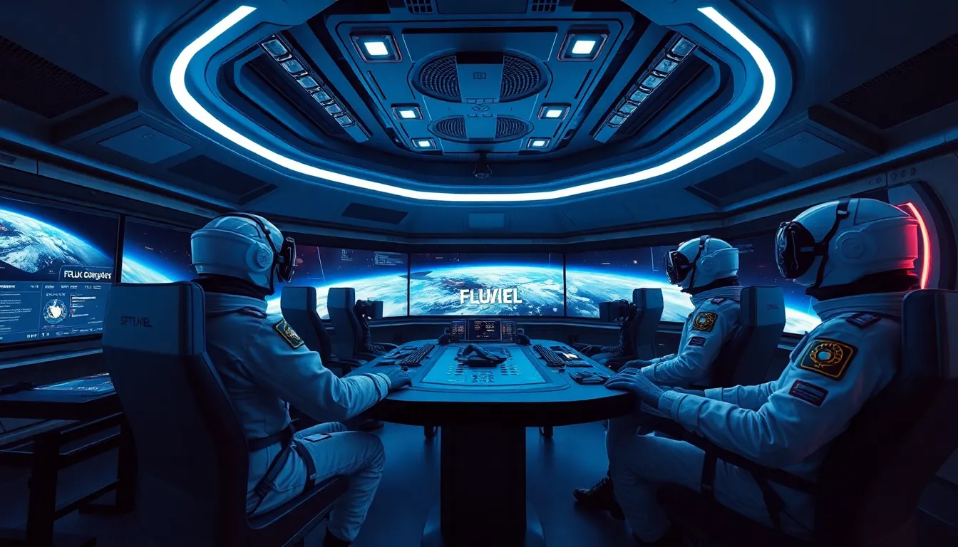 Salle de contrôle futuriste représentant des astronautes en formation avec la réalité virtuelle pour l'exploration spatiale.