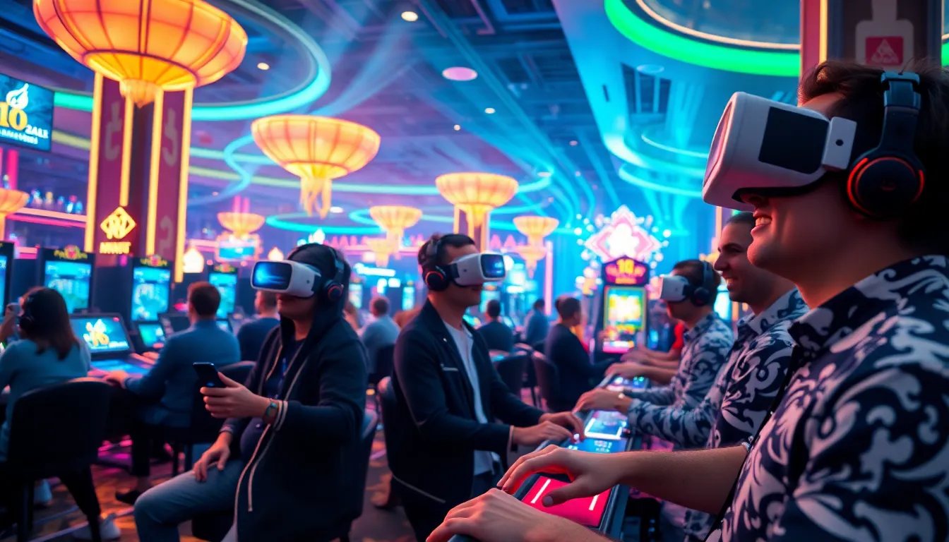 Scène de casino moderne illustrant des joueurs utilisant la réalité virtuelle pour une expérience de jeu immersive.