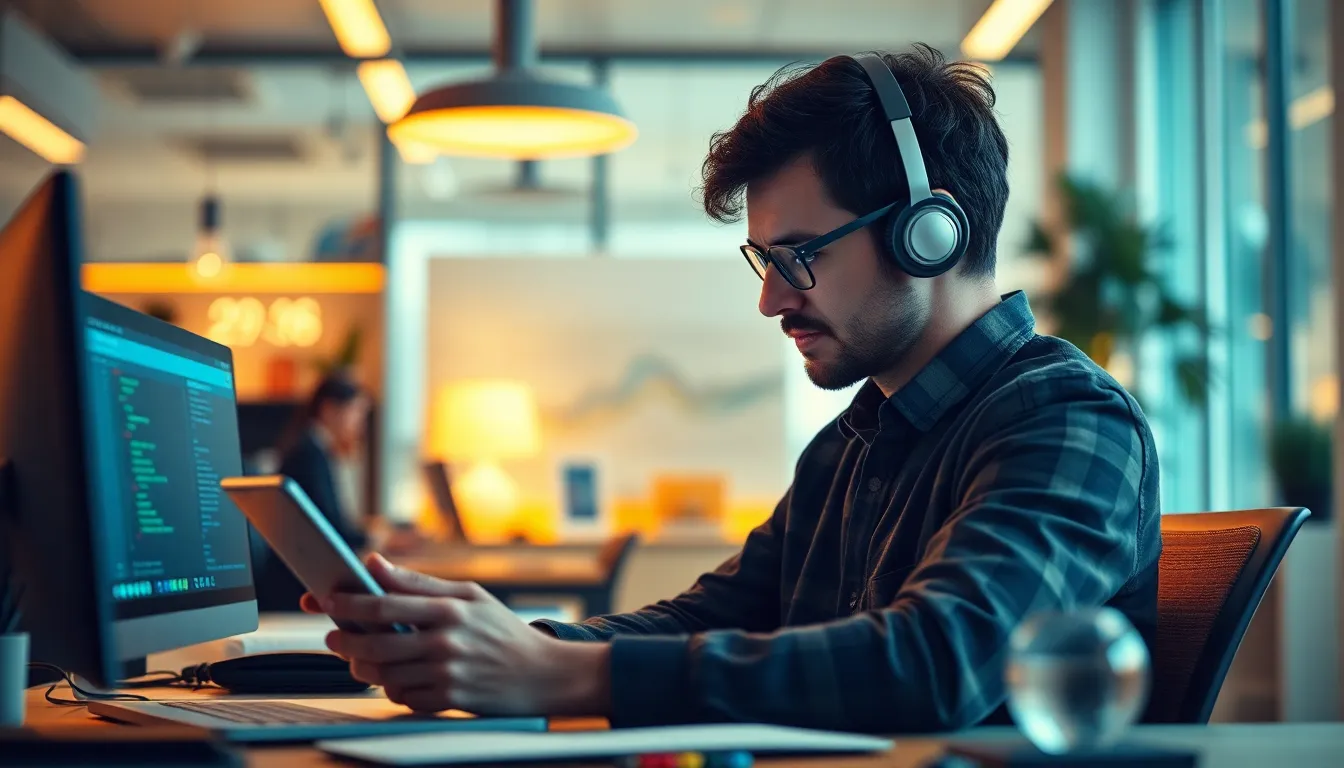 Travailleur à distance gérant ses tâches sur un appareil numérique dans un bureau moderne, mettant en avant la productivité et la gestion du temps.