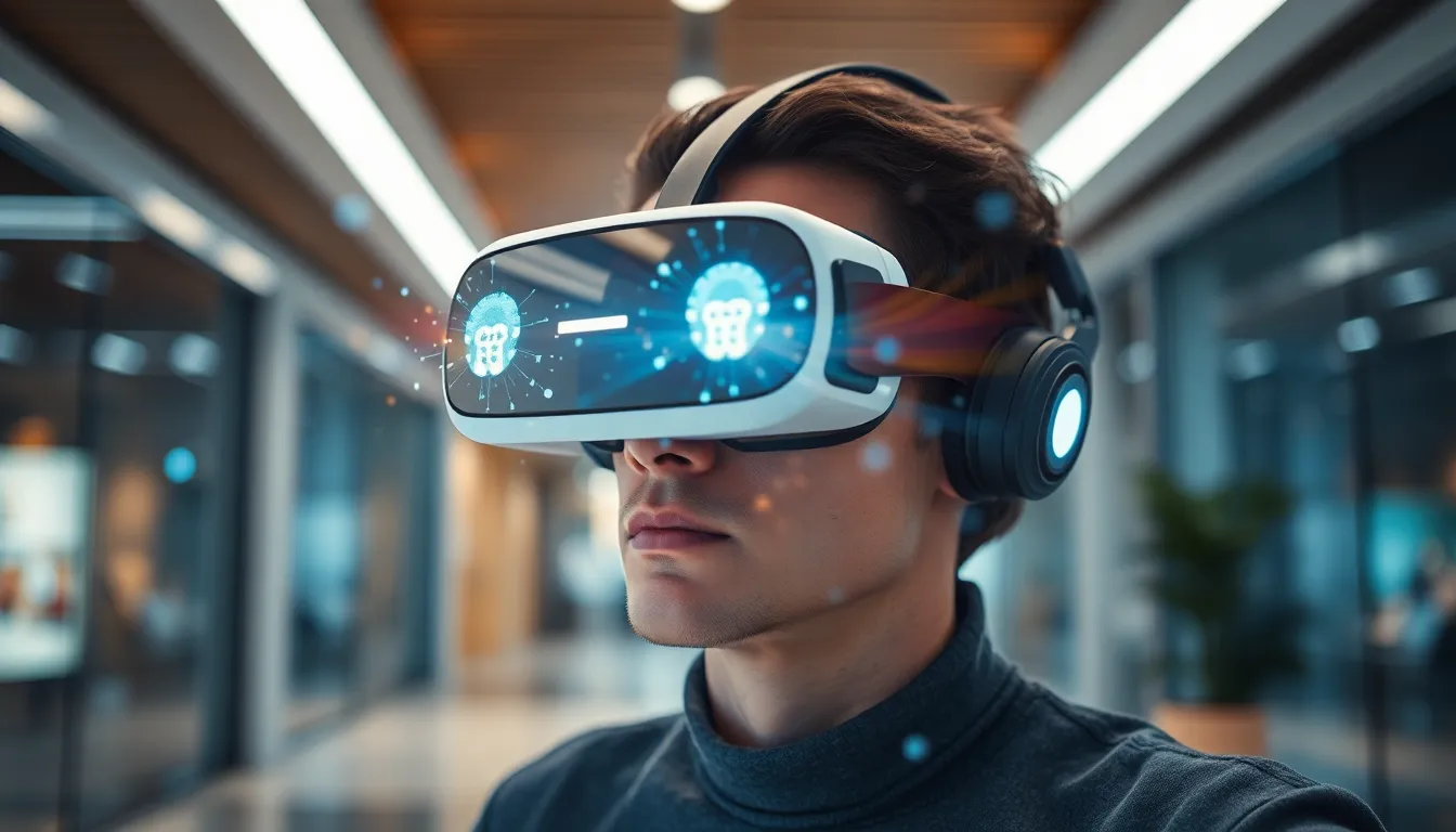 Utilisateur avec un casque VR interagissant dans un environnement virtuel, illustrant la technologie de suivi oculaire.