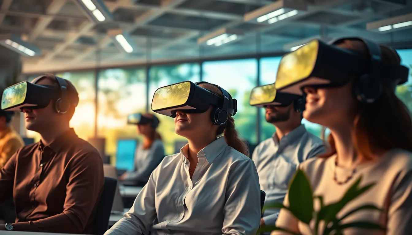 Espace de bureau moderne avec des employés utilisant des casques VR pour la gestion du stress et la méditation immersives.