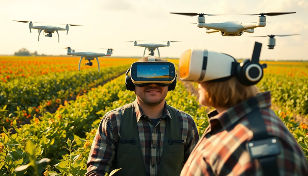 Agriculteur en formation utilisant la réalité virtuelle, entouré de cultures, de drones et de systèmes GPS.