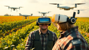 Agriculteur en formation utilisant la réalité virtuelle, entouré de cultures, de drones et de systèmes GPS.