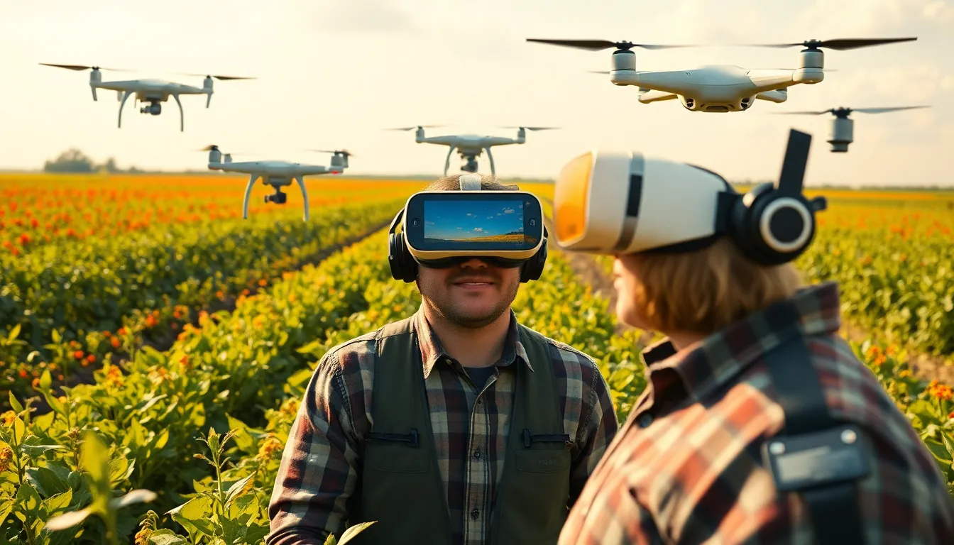 Agriculteur en formation utilisant la réalité virtuelle, entouré de cultures, de drones et de systèmes GPS.