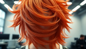 Simulation 3D réaliste de cheveux sous éclairage cinématographique, mettant en avant la technologie NVIDIA RTX dans un environnement de formation virtuel moderne.