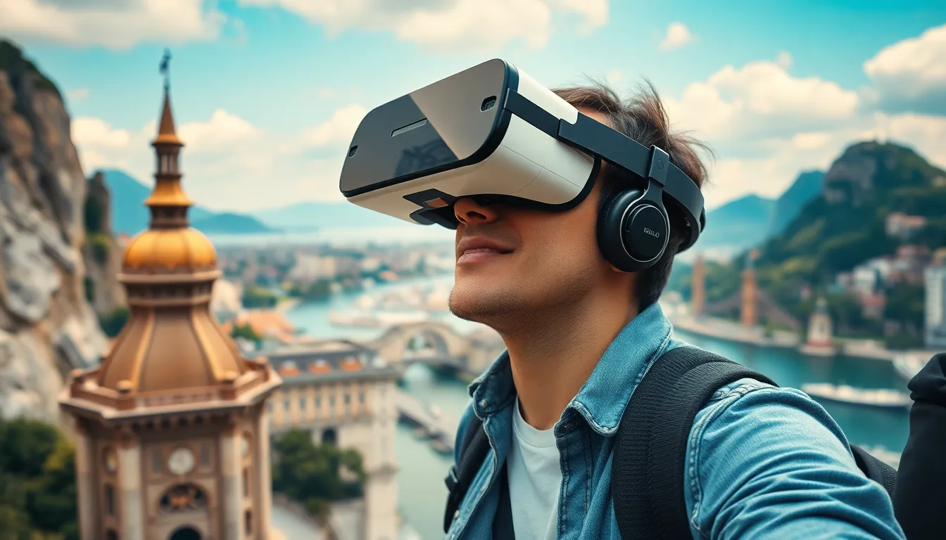 Voyageur utilisant des lunettes de réalité virtuelle pour explorer une destination touristique immersive.
